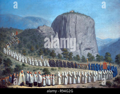 Ex-Voto Peinture à l'huile de procession religieuse des Pénitents Blancs Balade à la chapelle sur le roc de Castellane au cours de l'épidémie de choléra en Provence en 1835. Castellane, dans les gorges du Verdon et la vallée, Alpes de Haute Provence Provence France Banque D'Images