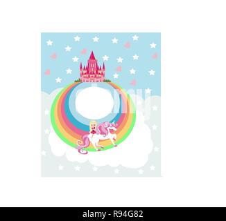 Sweet Girl sur une licorne battant sur un arc-en-ciel Illustration de Vecteur