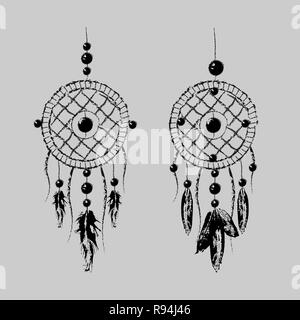 Grunge Dreamcatcher avec des plumes et des branches. Sweet Dream. Native American Indian talisman. Boho design, art tattoo 10 spe Illustration de Vecteur