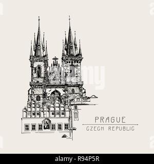 Carte de voyage noir avec esquisse d'église Notre Dame avant Illustration de Vecteur