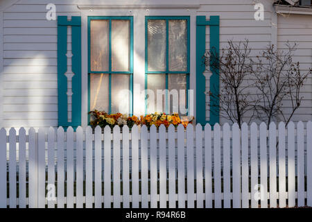 Clôture blanche ; window & boite à fleurs ; Salida, Colorado, USA Banque D'Images