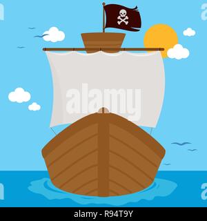 Bateau de pirate avec des voiles blanches et scull et traversé les os d'un drapeau de la voile à la mer. Vector illustration Illustration de Vecteur