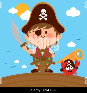 Pirate capitaine garçon avec un volant naviguant sur un navire dans la mer avec un crabe pirate avec télescope. Illustration vectorielle Illustration de Vecteur