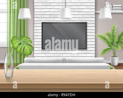 Vue sur salon avec canapé et télévision par l'intermédiaire de la barre en bois table. Intérieur lumineux avec un mur de briques et une fenêtre avec un rideau vert. Illustration de Vecteur