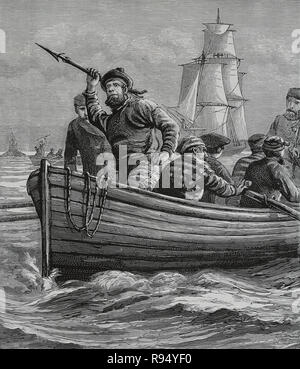 La chasse de baleines dans l'Arctique. Gravure, 19ème siècle. Banque D'Images