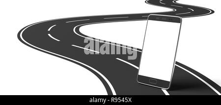 Concept de conduite et de téléphones portables. Smartphone écran vide, billboard immersive, sur route asphaltée sinueuse, fond blanc, isolé, découpe d'espace pour le texte. 3d Banque D'Images