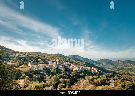 L'ancien village de montagne de cateri éclairées par le soleil du soir dans la région de Balagne Corse Banque D'Images