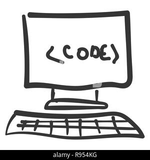 L'écran de l'ordinateur, le code du programme. Dessin pour enfants doodle Banque D'Images