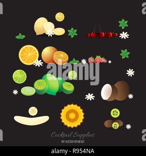 Décorations des cocktails avec des fruits orange, cerise, cocount , banane, citron vert, citron, fraise et kiwi, Illustration de Vecteur