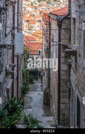 Étapes de la rue étroite et raide passage entre des immeubles d'habitation dans la vieille ville de Dubrovnik, Croatie Banque D'Images