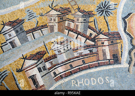 Mosaïque romaine (c3rd-c4e) de Rhodes avec le détail des maisons et l'architecture de l'ancienne ville romaine de Haïdra Ammaedara Tunisie Banque D'Images