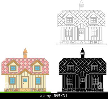 Maison traditionnelle en bois avec un quartier résidentiel grenier. Le toit est couvert de tuiles multicolores. Illustration vecteur de couleur noir ,blanc ,silhouette. Illustration de Vecteur