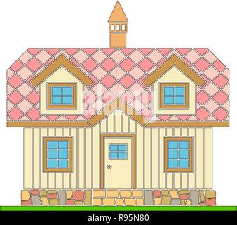 Maison traditionnelle en bois avec un quartier résidentiel grenier. Le toit est couvert de tuiles multicolores. Illustration vecteur de la couleur d'ossature. Illustration de Vecteur