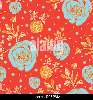 Abstract-Flowers en fleurs roses répéter sans motif de fond en orange et bleu Illustration de Vecteur