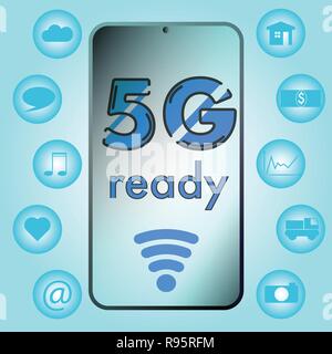La vitesse du réseau 5g smartphone prêt dernière puce. icônes d'utilisation comme Internet des choses, Big Data, Smart Home, la musique en ligne, la vidéo à la demande, streaming ser Illustration de Vecteur