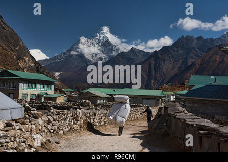 Porter à l'énorme charge en vertu de l'Ama Dablam, région de l'Everest, au Népal Banque D'Images