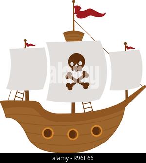 Bateau de pirate avec des voiles blanches et scull et traversé les os sur fond blanc. Vector illustration Illustration de Vecteur