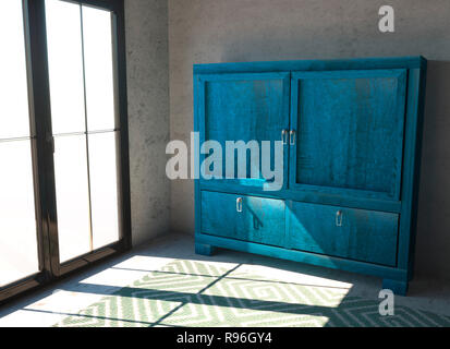 Un petit cabinet bleu avec des portes dans une chambre. Chambre avec fenêtre et de tapis et d'un bahut bleu, rendu 3d. Interior design Banque D'Images