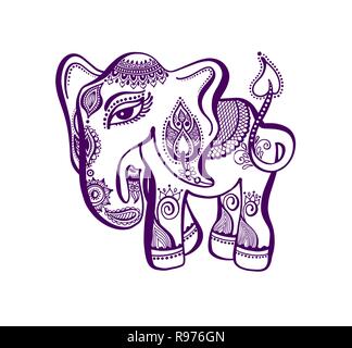 Dessin à la main de l'éléphant indien, le henné tatouage design Illustration de Vecteur