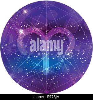 Signe Zodiaque bélier constellation cosmique et sur un ciel mauve avec des étoiles brillantes et nebula isolé sur fond blanc. Neon ram, vecteur icône web butto Illustration de Vecteur