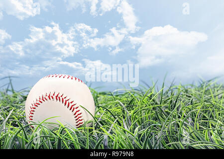 Baseball à allongé dans l'herbe sur une belle journée d'été. Banque D'Images