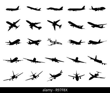 Silhouettes noires d'avions sur fond blanc Banque D'Images