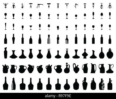 Silhouettes noires de bouteilles, verres et tire-bouchon, vector Banque D'Images