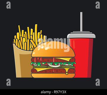 L'icône de restauration rapide. Style plat. Vector illustration colorée sur un fond sombre. Cola rouge tasse de papier avec de la paille, petite boîte de frites et de viandes burger avec fromage, ketchup et concombres - Vector Illustration de Vecteur