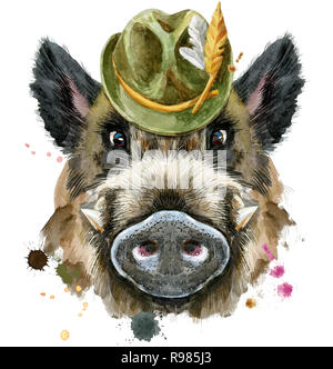 Cochon mignon chapeau vert. Le sanglier pour T-shirt graphiques. Aquarelle brown boar illustration Banque D'Images