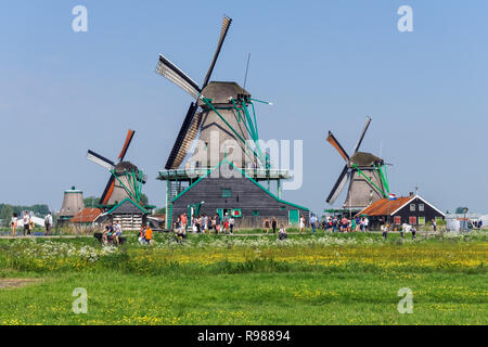 Les touristes à marcher le long des moulins à vent traditionnel néerlandais à Zaanse Schans en Pays-Bas Banque D'Images
