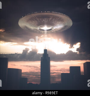 Vaisseau spatial extraterrestre volant au-dessus des capacités au coucher du soleil. Concept de l'image d'alien invasion. Banque D'Images