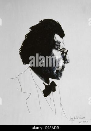 GUSTAV MAHLER - 1982 - DUBUJO ACRILICO SEGUN LA GRAVURE DE EMIL ORLIK DE 1870. Auteur : AVILA JORGE NAVARRO. Emplacement : collection privée. MADRID. L'ESPAGNE. Banque D'Images