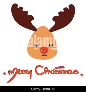 Joyeux Noël à la main le texte vectoriel lettres calligraphiées design card avec cartoon reindeer Illustration de Vecteur