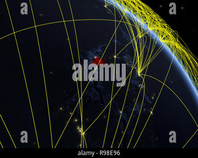 Le Rwanda à partir de l'espace sur le modèle de la planète terre dans la nuit avec un réseau. Concept de la technologie numérique, la connectivité et les voyages. 3D illustration. Éléments de Banque D'Images