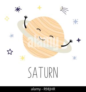 Cute cartoon Saturne, planète, système solaire, de caractère vectoriel. Illustration de Vecteur