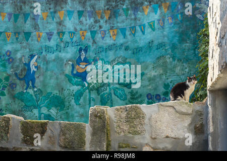 Porto, Portugal, le 19 janvier 2018 : des graffitis de Porto. Stray Cat assis sur le mur avec un art de la rue portugaise montrant les chats à jouer de la musique à zone Banque D'Images