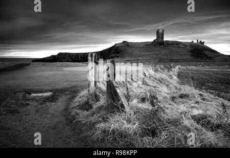 Château de Dunstanburgh (en mono), Northumberland, Angleterre (5) Banque D'Images