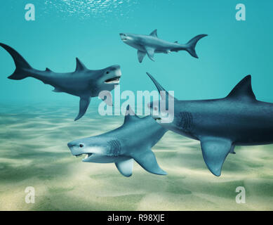 Requins 3d, flottant à l'ocean Banque D'Images