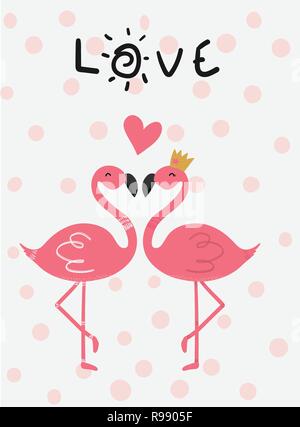 Carte amour flamand rose in love kissing vector design plat Illustration de Vecteur