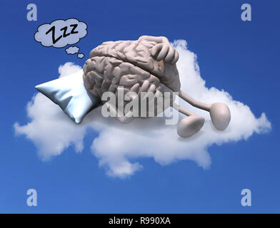 Cerveau humain avec les bras et les jambes se reposant sur un coussin au-dessus d'un nuage, 3d illustration Banque D'Images