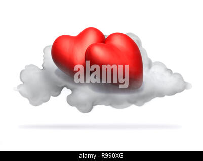 Dessin animé deux coeurs rouges reposant au-dessus d'un nuage, isolated on white 3d illustration Banque D'Images