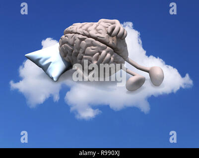 Cerveau humain avec les bras et les jambes se reposant sur un coussin au-dessus d'un nuage, 3d illustration Banque D'Images