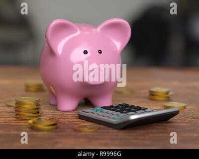 Piggy bank with coins et Calculatrice,3d,le rendu de l'image conceptuelle. Banque D'Images