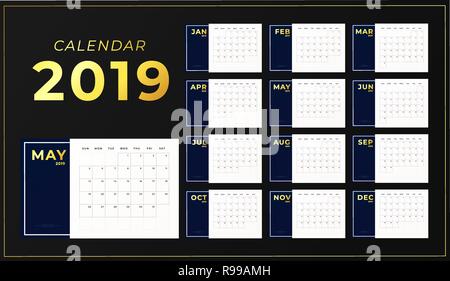 L'année 2019 tableau Modèle de calendrier. Agenda de l'horizontale avec des inscriptions dorées. Début de la semaine le dimanche Illustration de Vecteur
