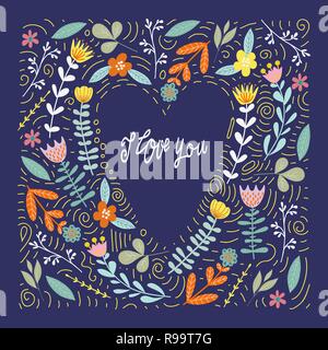 Je vous aime, résumé doodle des fleurs et des feuilles en forme de cœur avec part attirer lettrage, télévision vector illustration Illustration de Vecteur