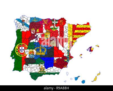 Mapa de España con las pintadas autonómias con sus banderas. Banque D'Images