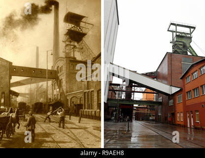 21 décembre 2018, Basse-Saxe, Wunstorf/Ot Stolzenau : document - le combo est un historique photo de l'année 1904 (l) et une photo récente (r) à partir de vendredi de la mine de potasse Sigmundshall installations d'extraction et de construction. Dernier de Basse-Saxe a arrêté la production de potasse sur 21.12.2018 après 120 ans. À la fin de l'horaire matinal, une dernière tonne de potasse Sel symbolique a été extrait à l'usine Sigmundshall. (Dpa 'Last mine de potasse en Basse-saxe fermée après 120 ans' à partir de 21.12.2018) Photo : Kali & Salz/Holger Hollemann/DPA - ATTENTION : Seulement pour un usage éditorial et qu'avec moi complète Banque D'Images