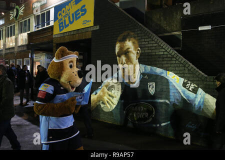 Cardiff, Wales, UK, 21 décembre 2018. Bruiser, les Cardiff Blues mascot avant du jeu. Match de rugby Pro Guinness14, Cardiff Blues v dragons à la BT Sport Cardiff Arms Park de Cardiff le vendredi 21 décembre 2018. Cette image ne peut être utilisé qu'à des fins rédactionnelles. Editorial uniquement. Photos par Andrew Andrew/Verger Verger la photographie de sport/Alamy live news Banque D'Images