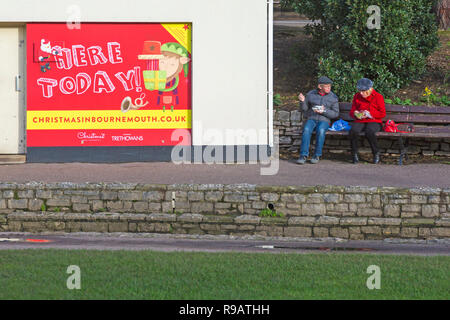 Bournemouth, Dorset, UK. 22 décembre 2018. Couple profiter de leur déjeuner au soleil à Bournemouth gardens, échapper à l'agitation de dernière minute achats de Noël et les préparatifs. Credit : Carolyn Jenkins/Alamy Live News Banque D'Images