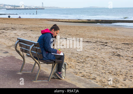 Bournemouth, Dorset, UK. 22 décembre 2018. Les visiteurs à profiter du soleil des plages de Bournemouth, échapper à l'agitation de dernière minute achats de Noël et les préparatifs. Credit : Carolyn Jenkins/Alamy Live News Banque D'Images